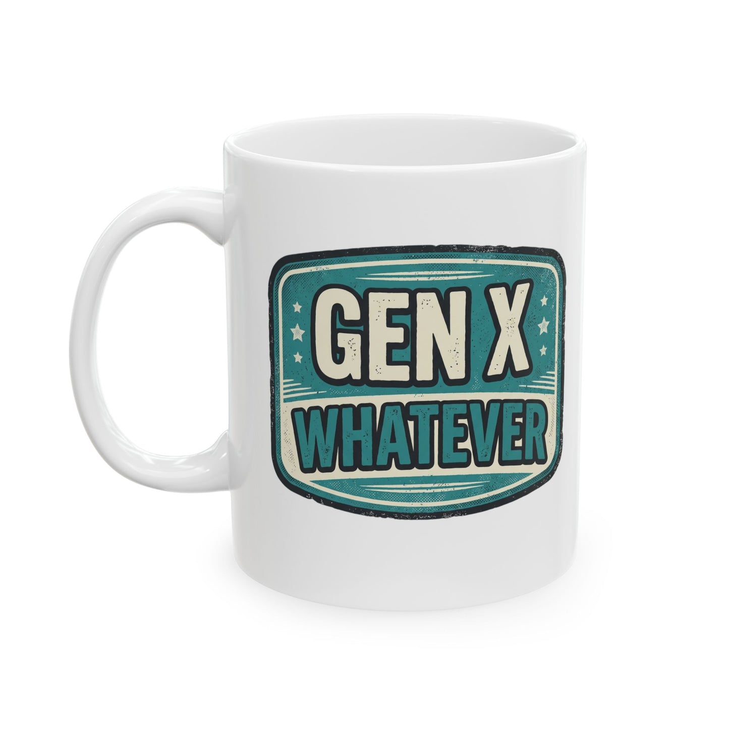 Gen X Whatever mug | Retro teal badge design, ceramic mug
