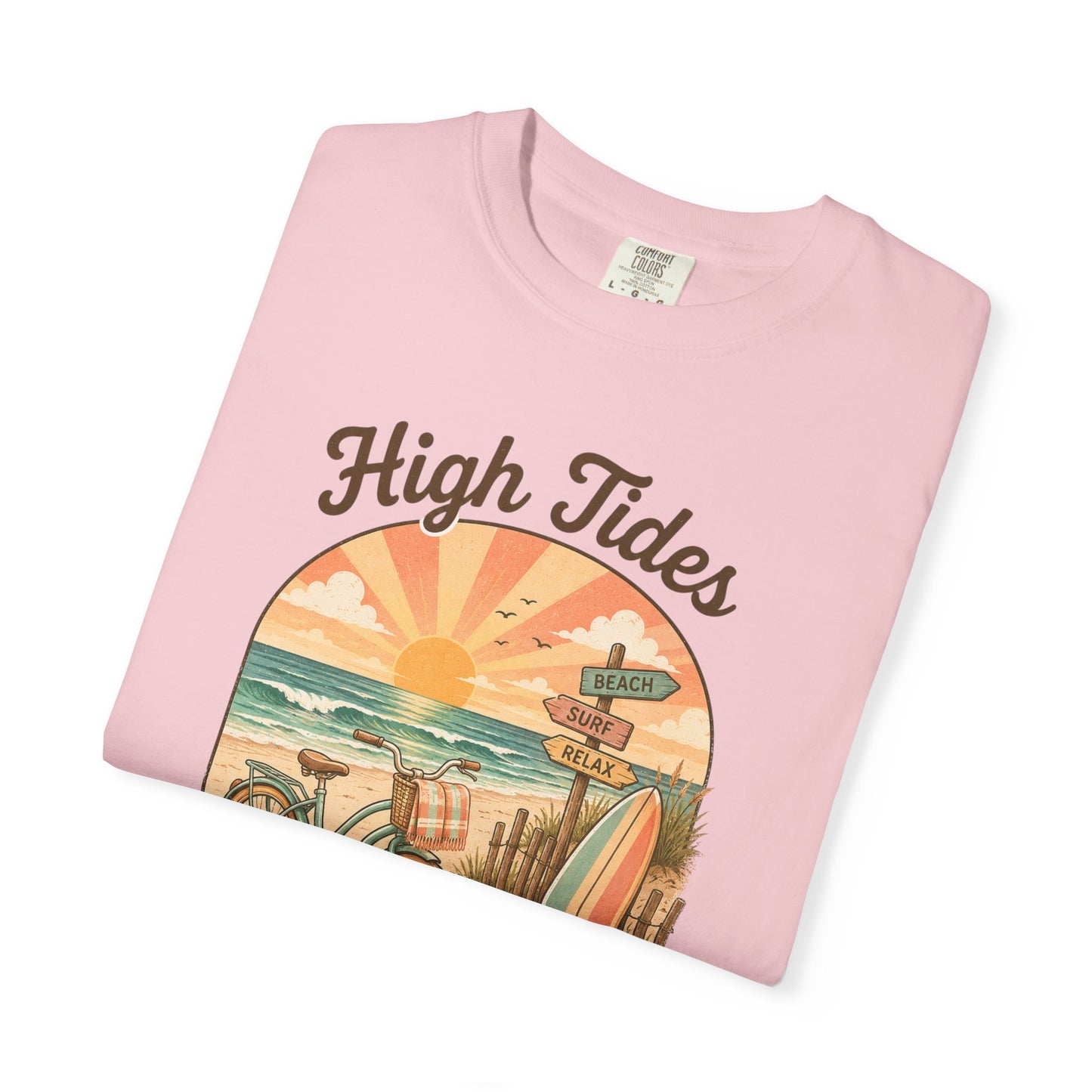 High Tides & Good Vibes T-shirt | Vintage Surf Bicycle Beach Sunset