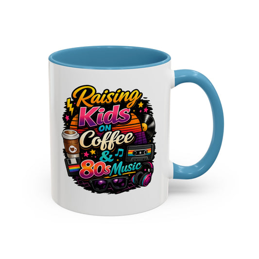 Raising Kids on Coffee & 80s Music Mug Neon 80s Coffee Cup Colorful Nostalgic Mom Gift