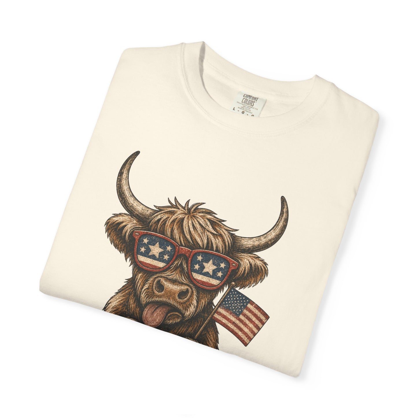 Patriotic Highland Cow T-Shirt | American Flag Sunglasses