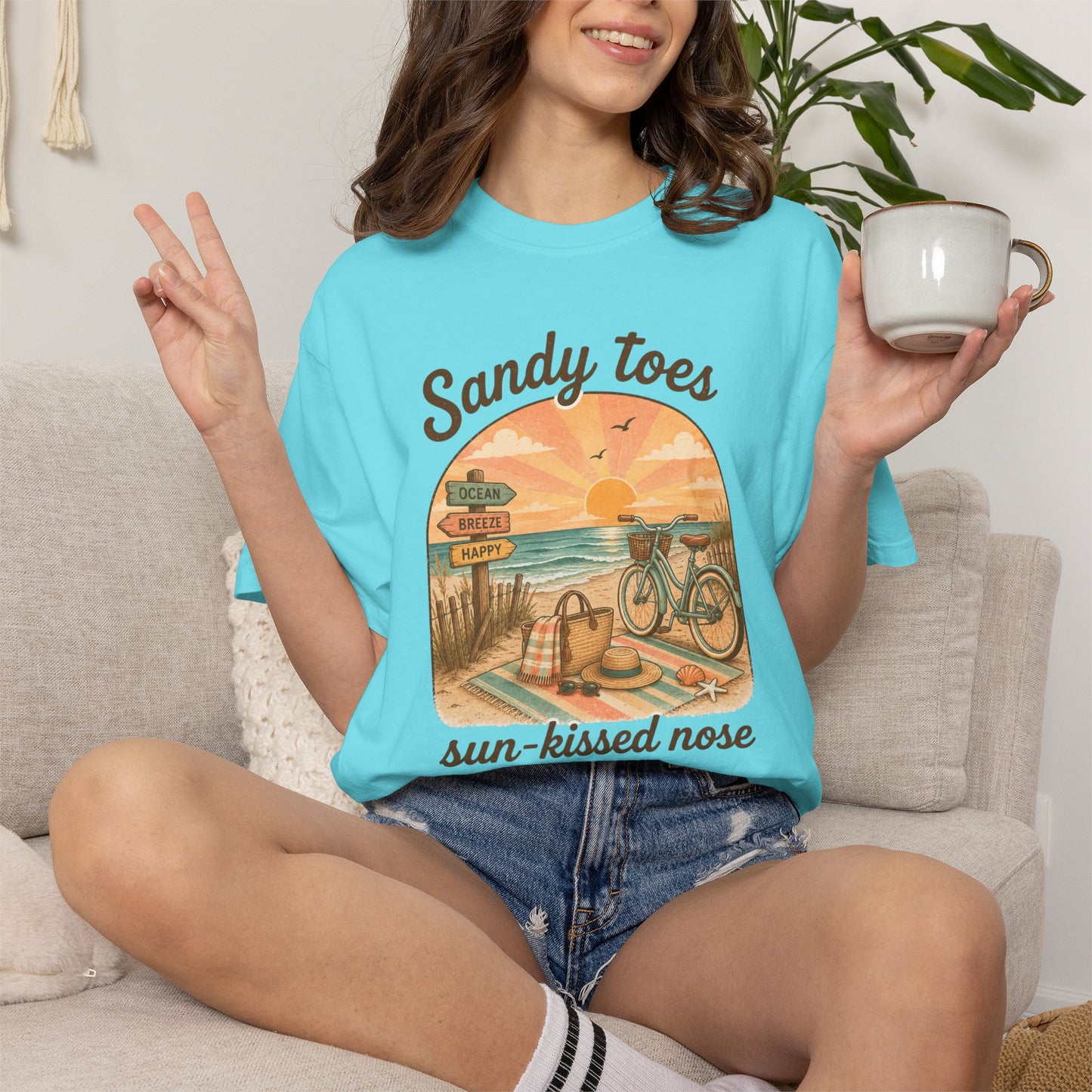 Sandy Toes Sun-Kissed Nose T-shirt | Beach Bike Sunset Scene