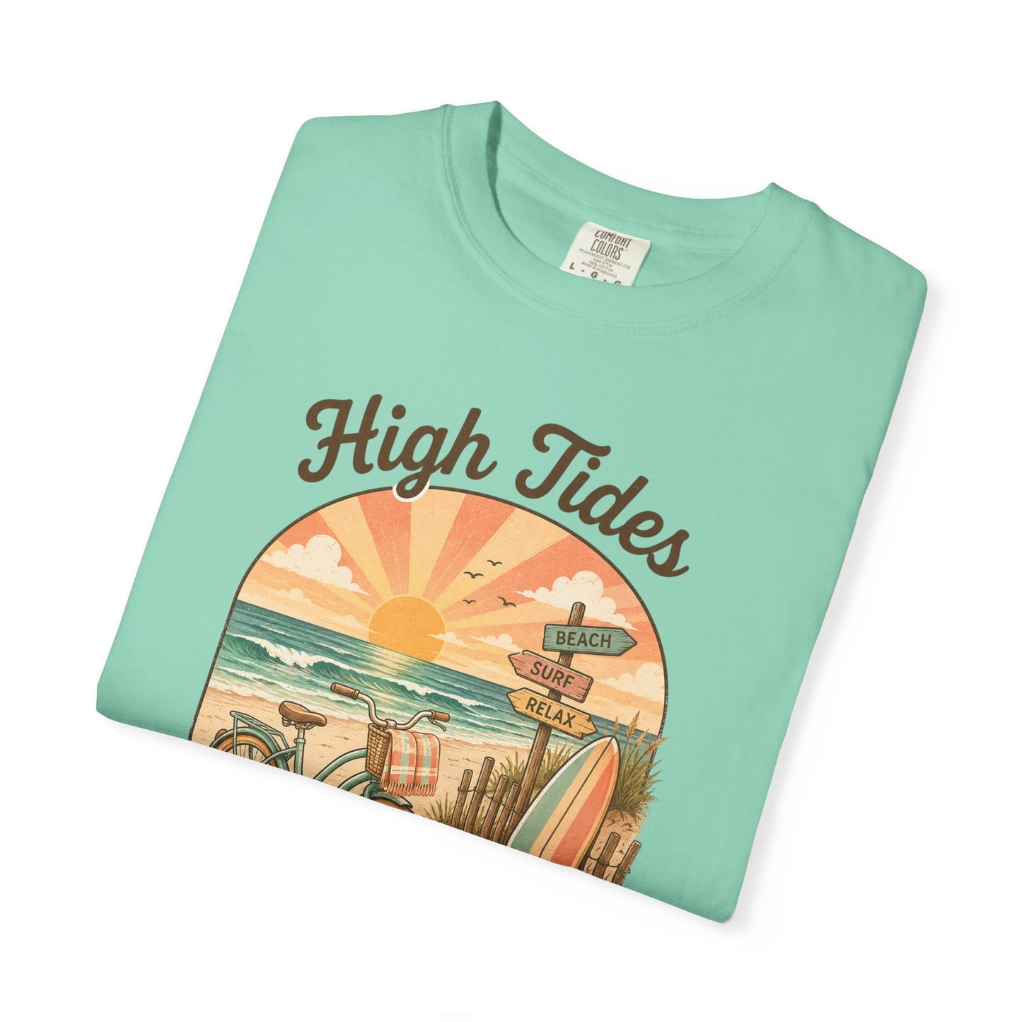 High Tides & Good Vibes T-shirt | Vintage Surf Bicycle Beach Sunset