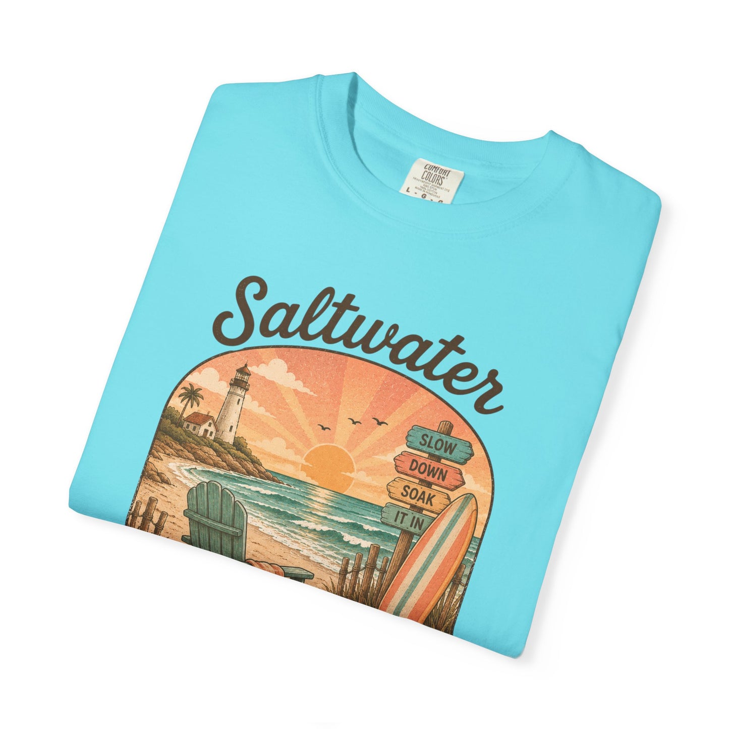 Saltwater Therapy Surf Scene T-shirt | Beach Sunset Lighthouse, Surfboard