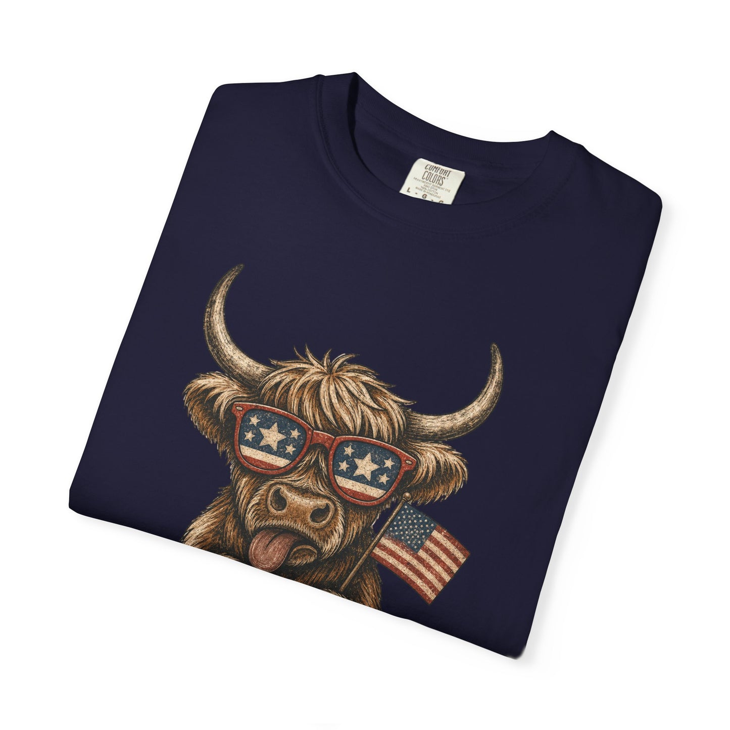 Patriotic Highland Cow T-Shirt | American Flag Sunglasses
