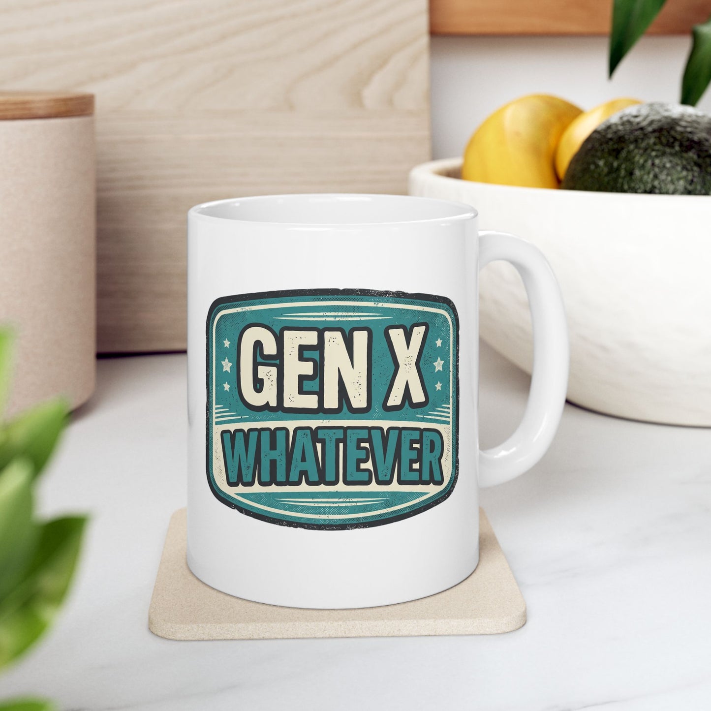 Gen X Whatever mug | Retro teal badge design, ceramic mug