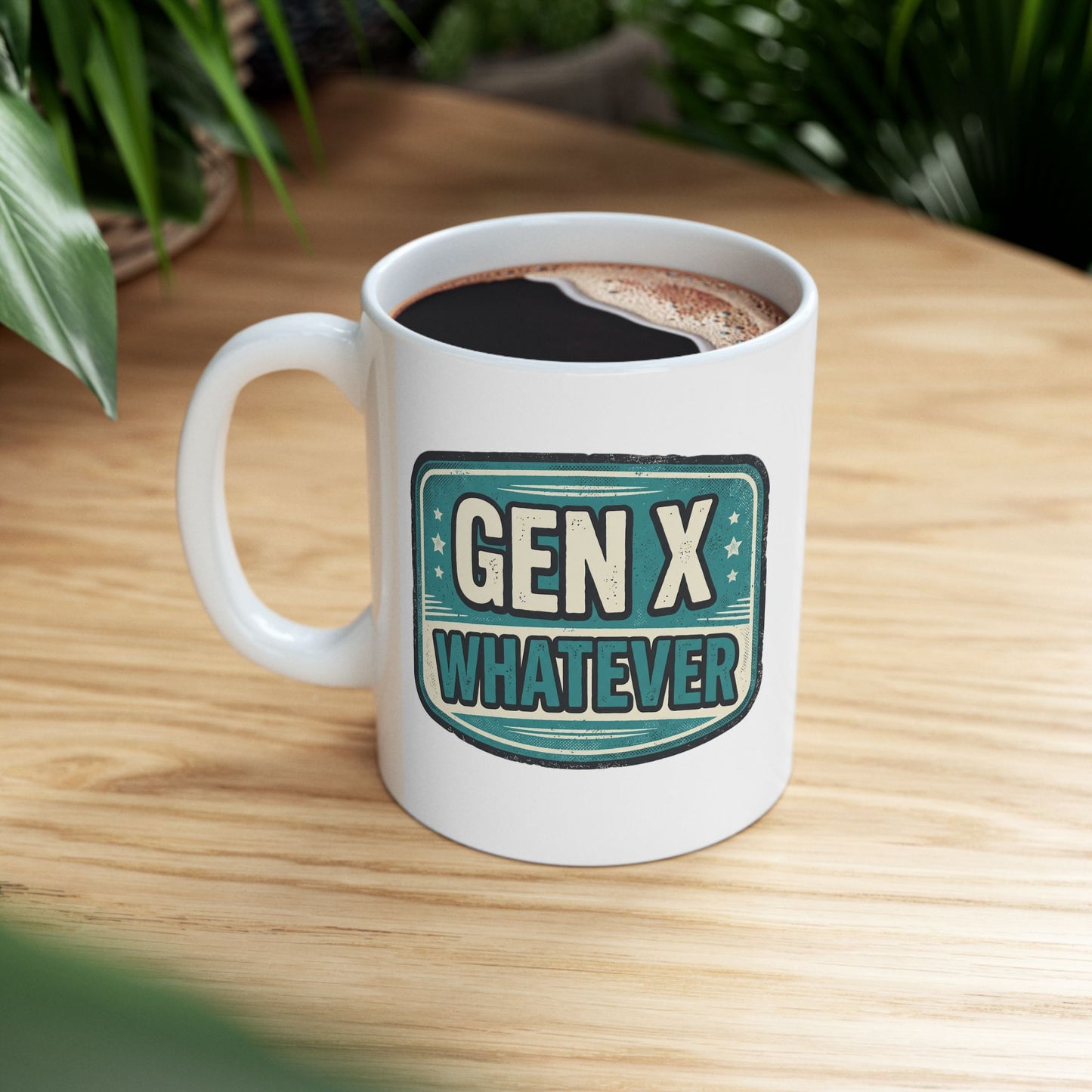 Gen X Whatever mug | Retro teal badge design, ceramic mug