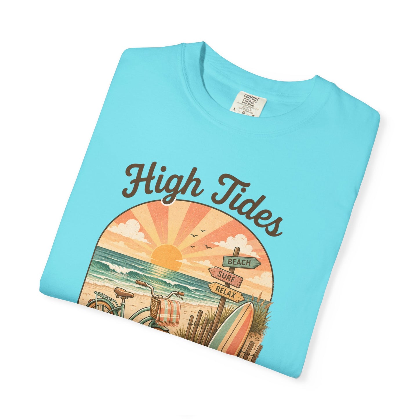 High Tides & Good Vibes T-shirt | Vintage Surf Bicycle Beach Sunset
