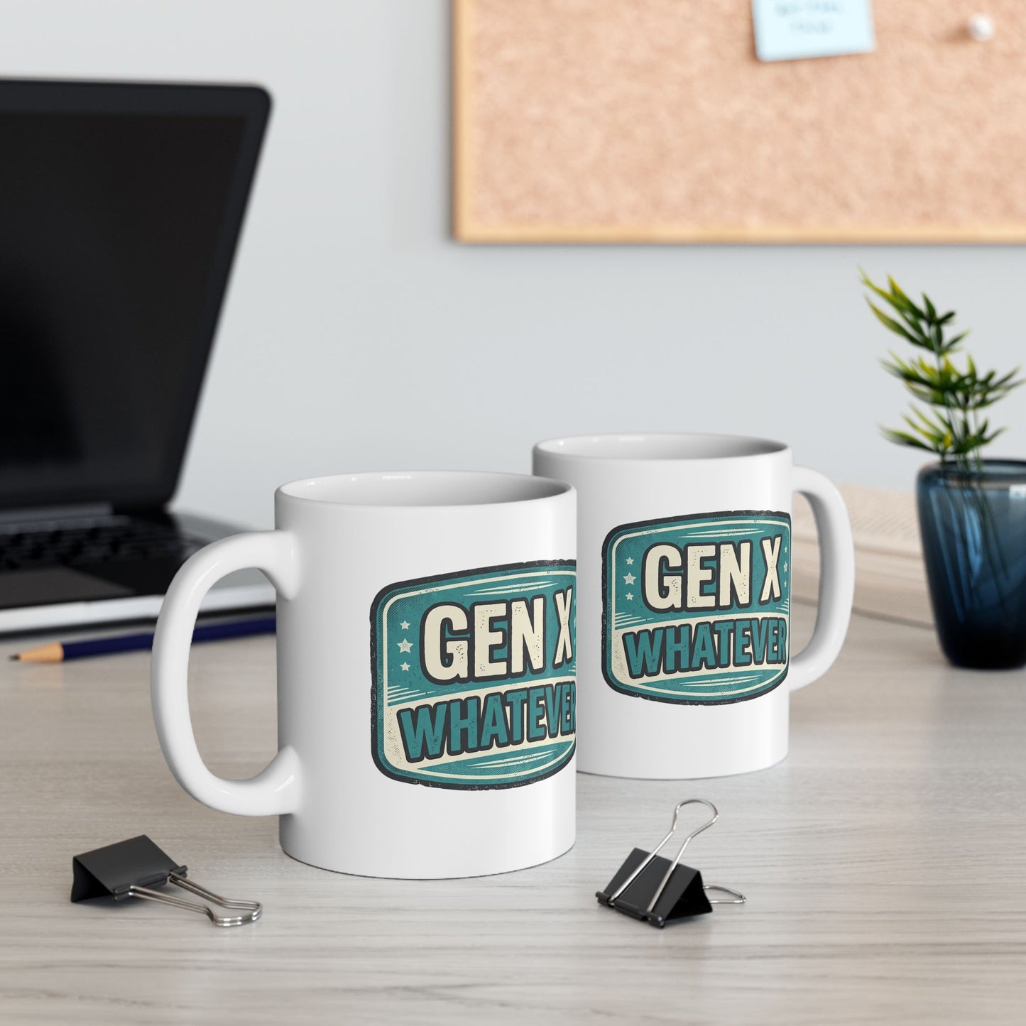 Gen X Whatever mug | Retro teal badge design, ceramic mug