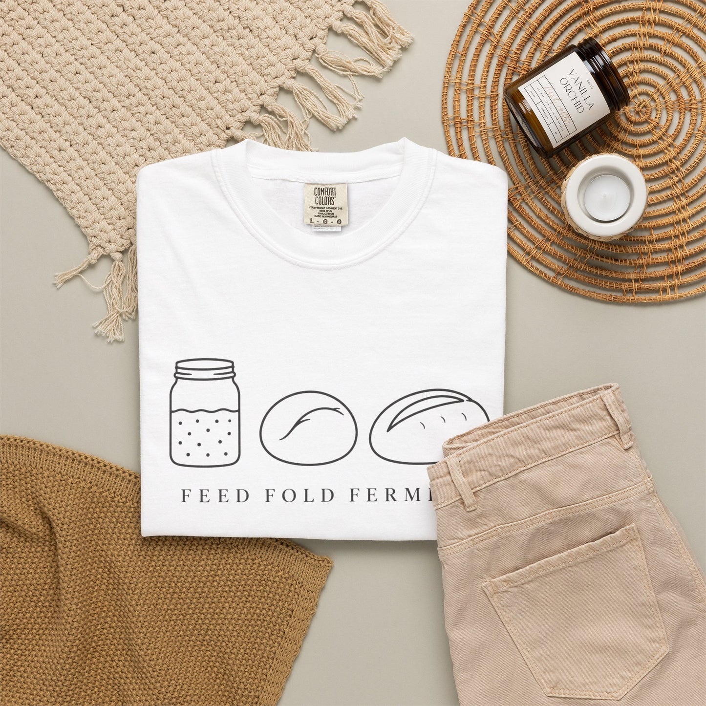 Feed Fold Ferment Comfort Colors T-Shirt | jar and dough illustration, baking fermentation theme