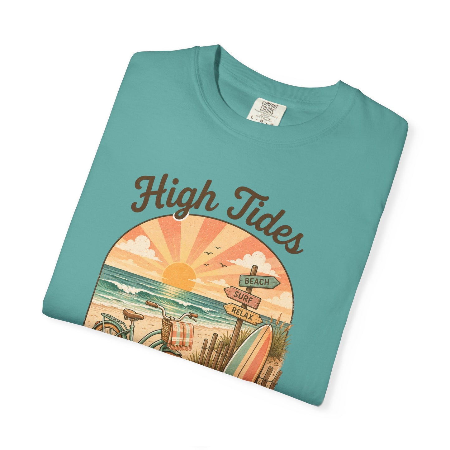 High Tides & Good Vibes T-shirt | Vintage Surf Bicycle Beach Sunset
