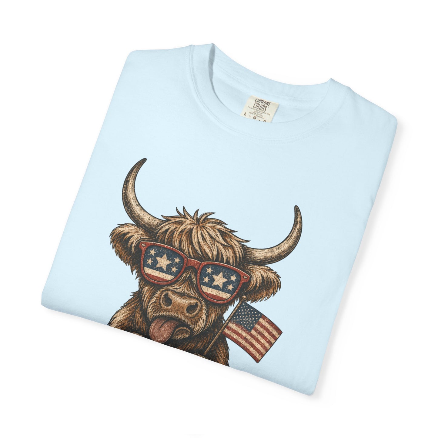 Patriotic Highland Cow T-Shirt | American Flag Sunglasses