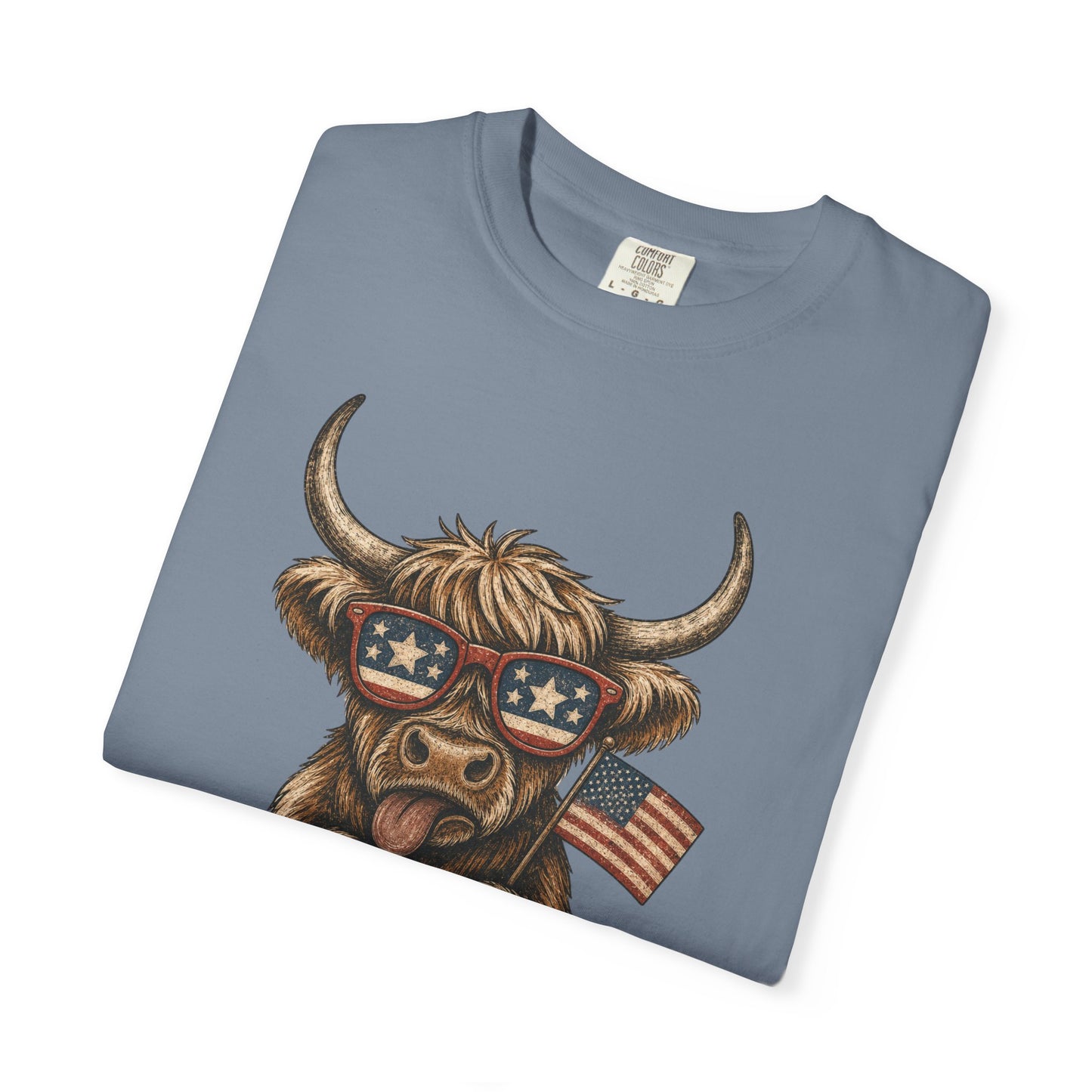 Patriotic Highland Cow T-Shirt | American Flag Sunglasses