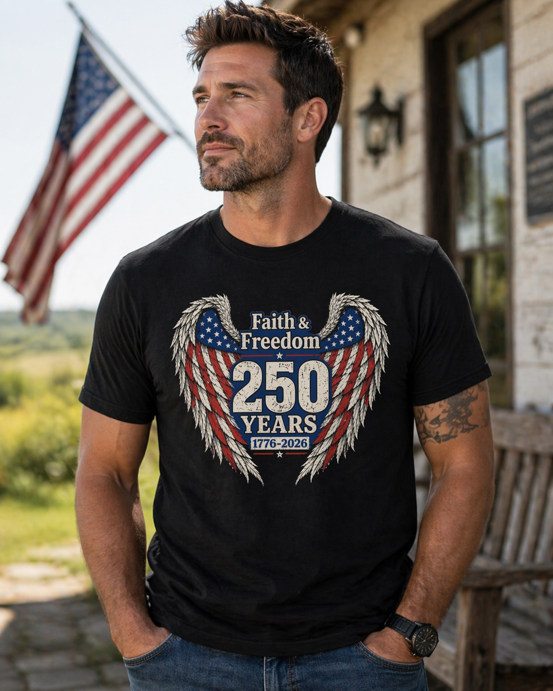 Faith & Freedom 250 Years Flag Wings Tee | American Flag 1776-2026 Unisex Shirt