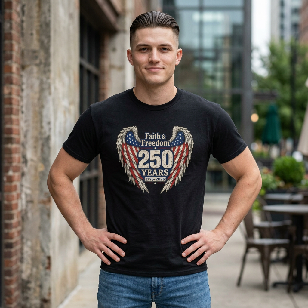 Faith & Freedom 250 Years Flag Wings Tee | American Flag 1776-2026 Unisex Shirt