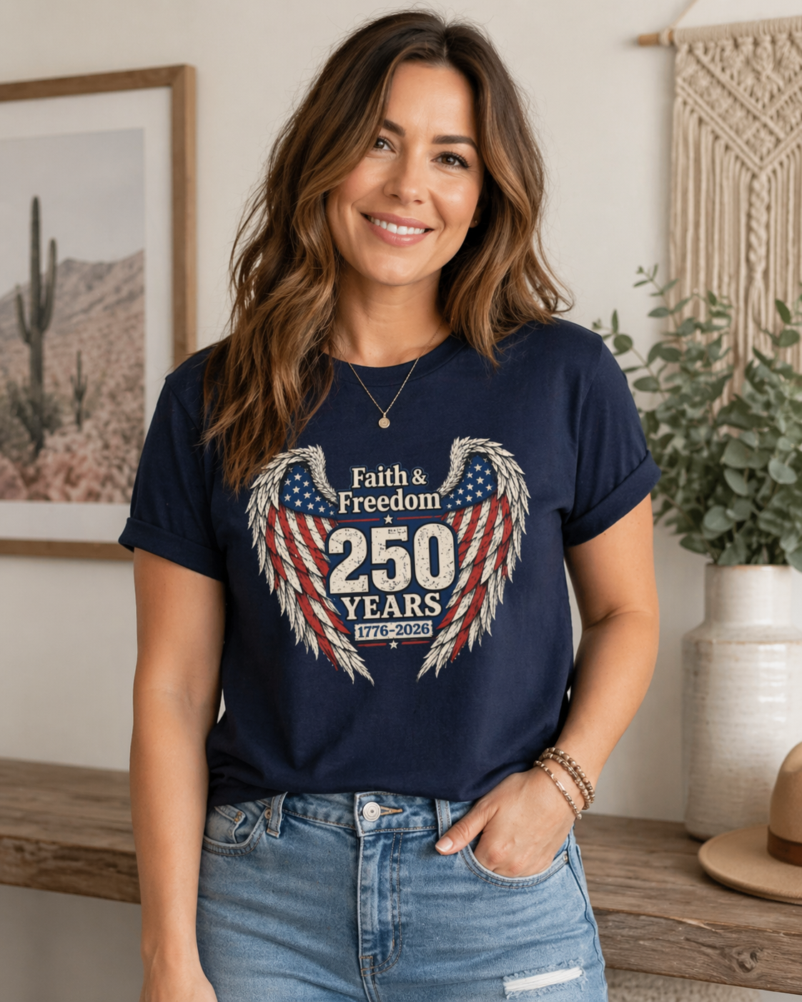 Faith & Freedom 250 Years Flag Wings Tee | American Flag 1776-2026 Unisex Shirt