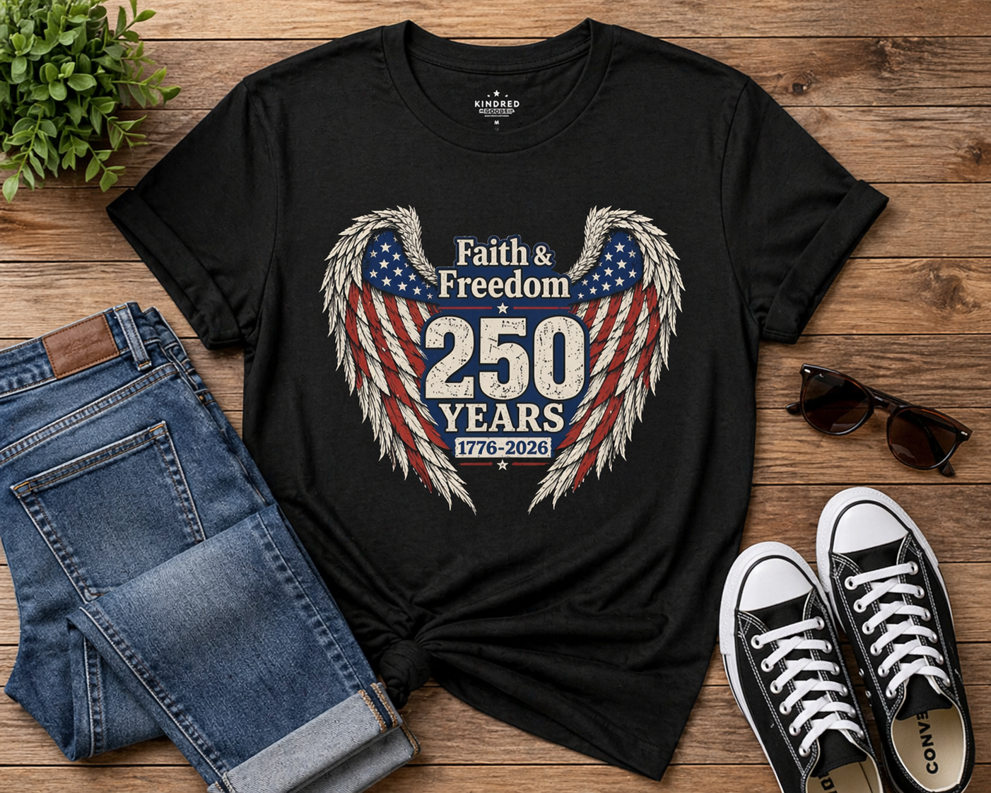 Faith & Freedom 250 Years Flag Wings Tee | American Flag 1776-2026 Unisex Shirt