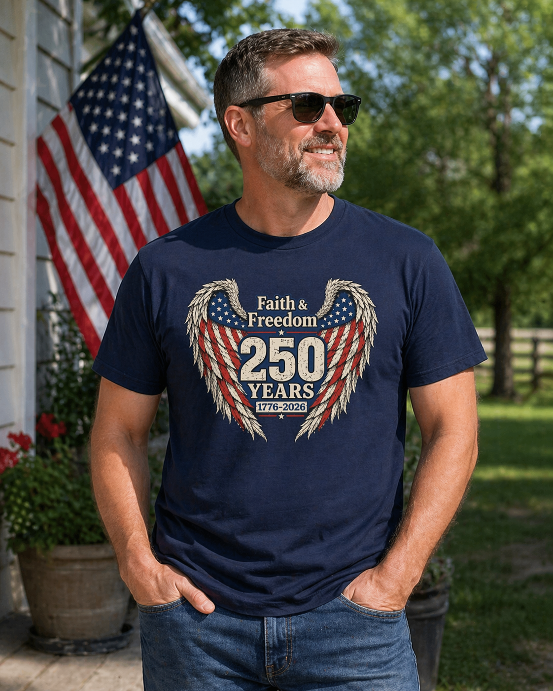 Faith & Freedom 250 Years Flag Wings Tee | American Flag 1776-2026 Unisex Shirt