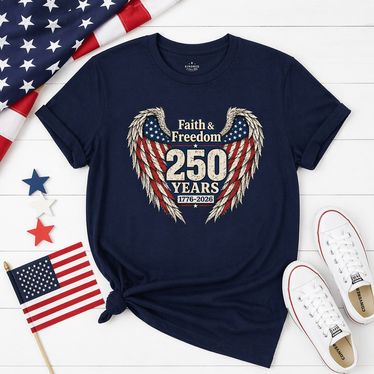 Faith & Freedom 250 Years Flag Wings Tee | American Flag 1776-2026 Unisex Shirt