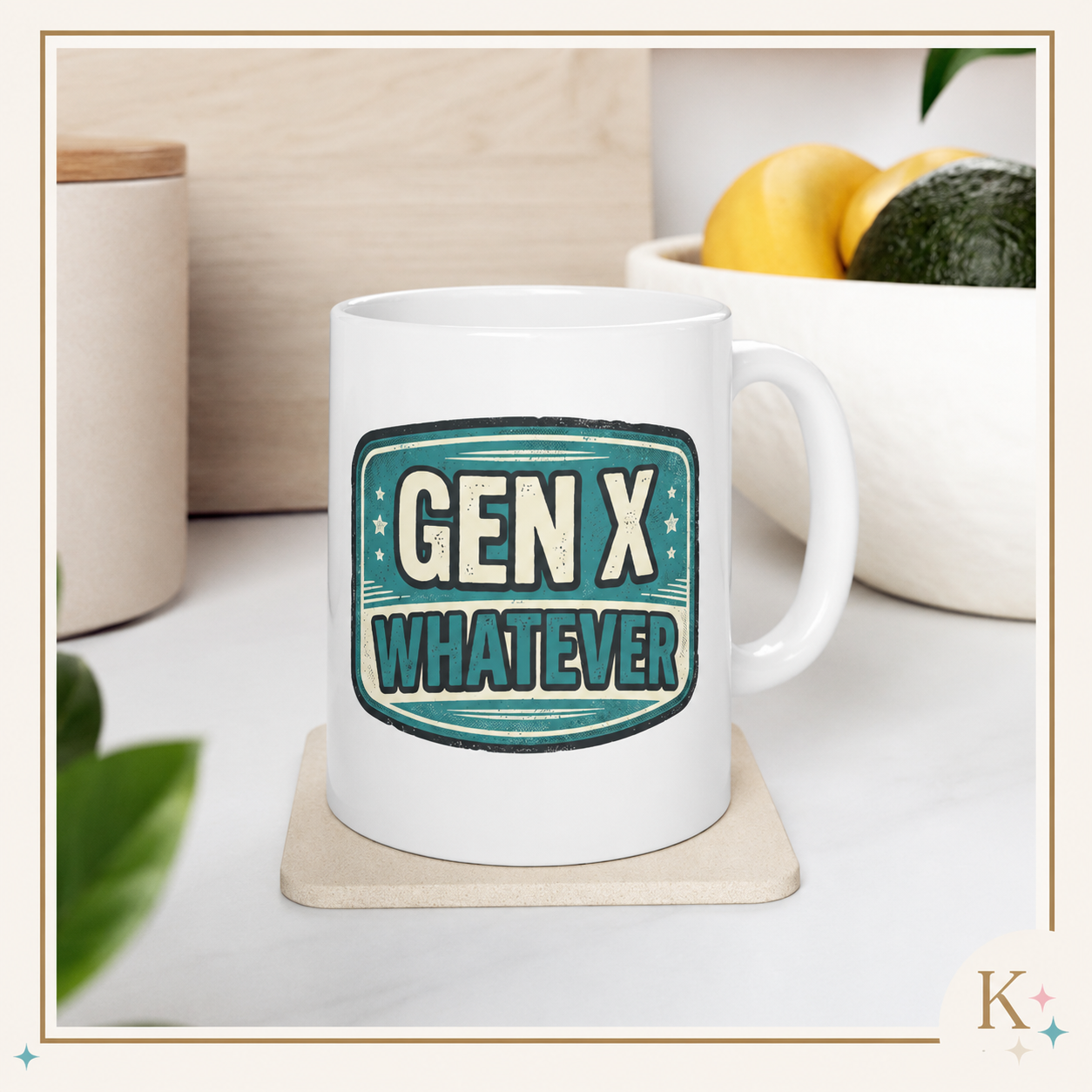 Gen X Whatever mug | Retro teal badge design, ceramic mug
