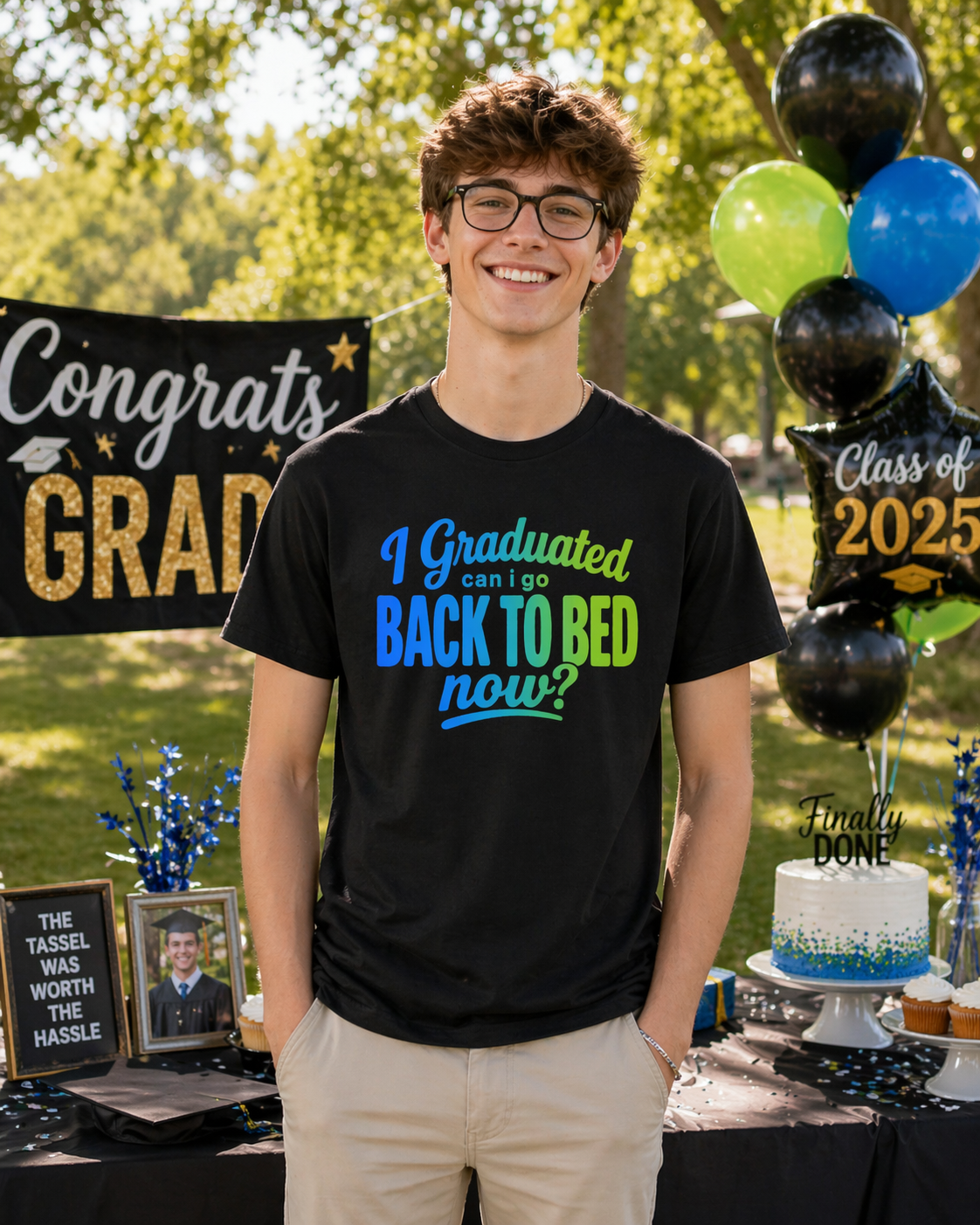 I Graduated Can I Go Back To Bed Now? T-Shirt | Graduation Humor, Funny Grad Tee