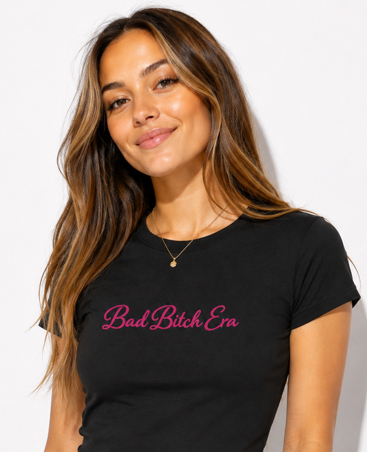 Bad Bitch Era T-Shirt | Script Pink Text, Women's Short Sleeve Tee