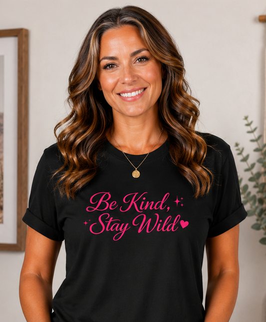 Be Kind Stay Wild Tee Feminine Pink Script Inspirational T‑Shirt