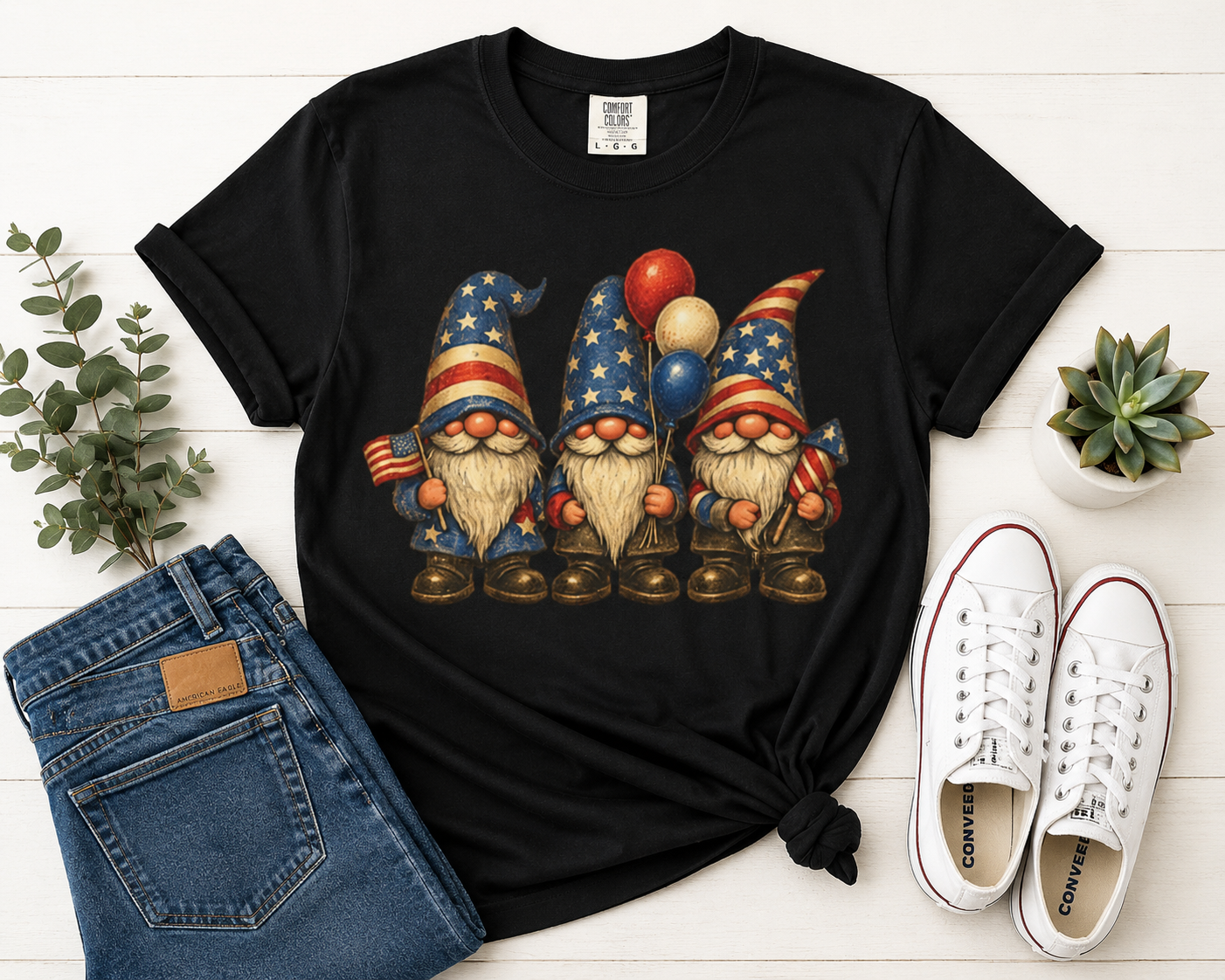 Patriotic Gnome Trio Comfort Colors T-shirt | American Flag Fourth of July