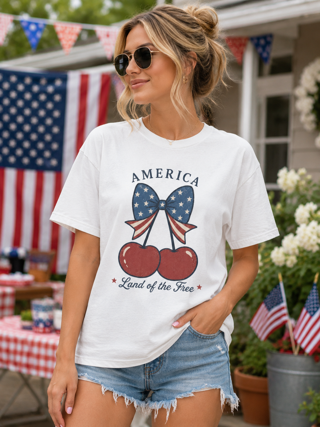 America Cherry Bow T-shirt | Land of the Free Patriotic Tee