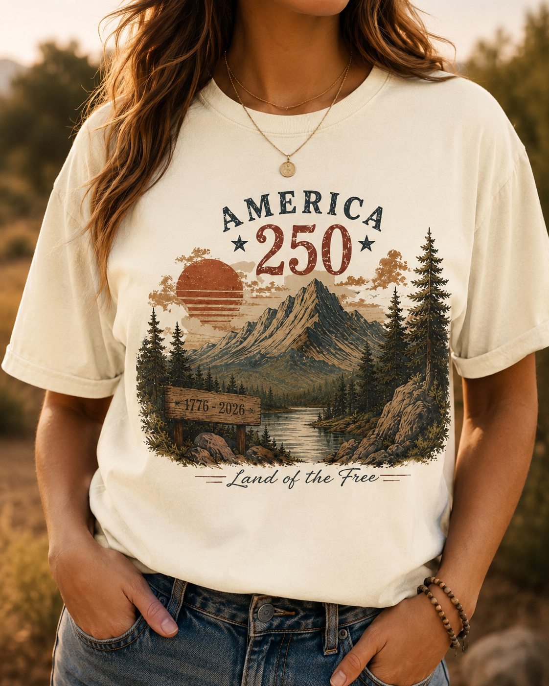 America 250 1776 - 2026 Mountain Landscape T-Shirt | Land of the Free, Vintage Outdoors