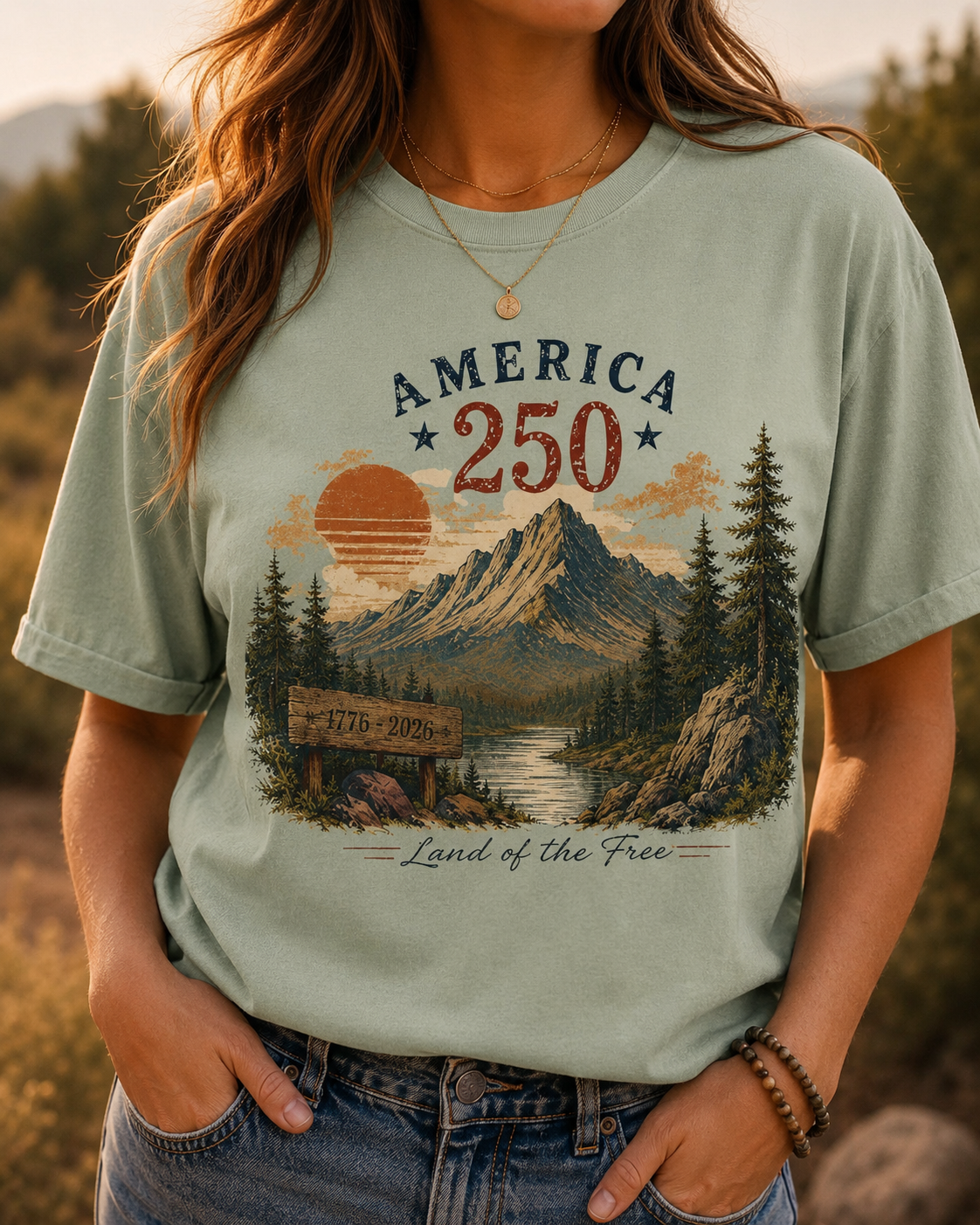 America 250 1776 - 2026 Mountain Landscape T-Shirt | Land of the Free, Vintage Outdoors