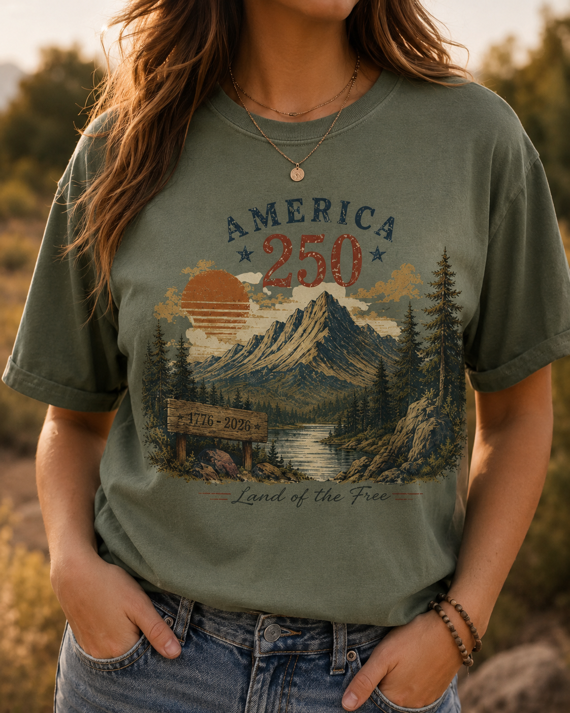 America 250 1776 - 2026 Mountain Landscape T-Shirt | Land of the Free, Vintage Outdoors