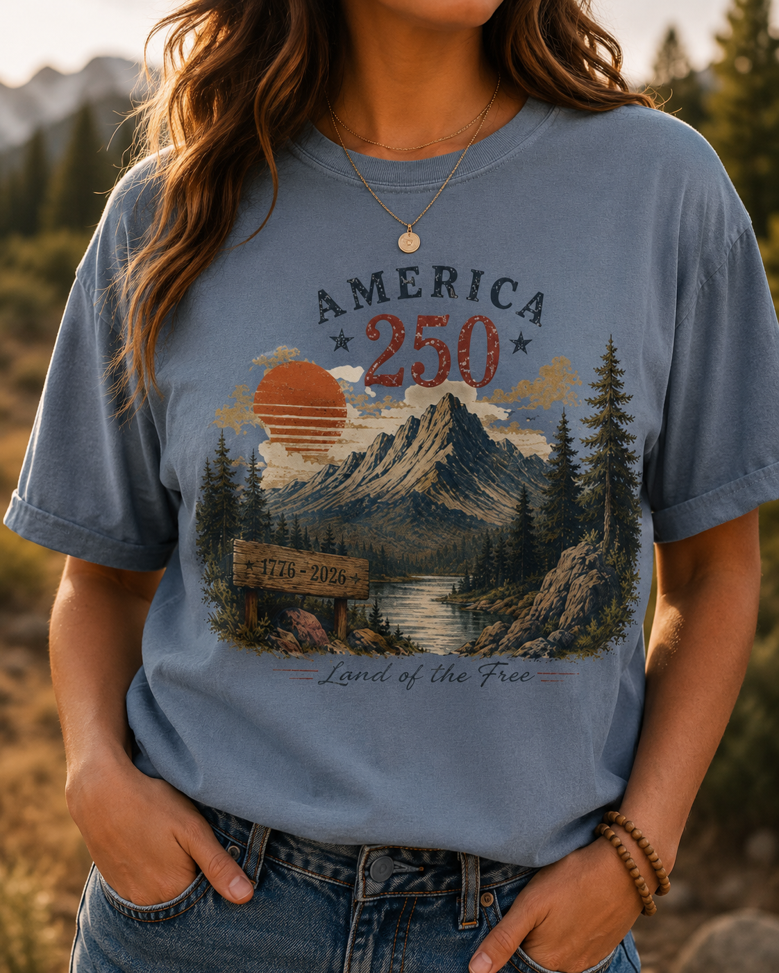 America 250 1776 - 2026 Mountain Landscape T-Shirt | Land of the Free, Vintage Outdoors