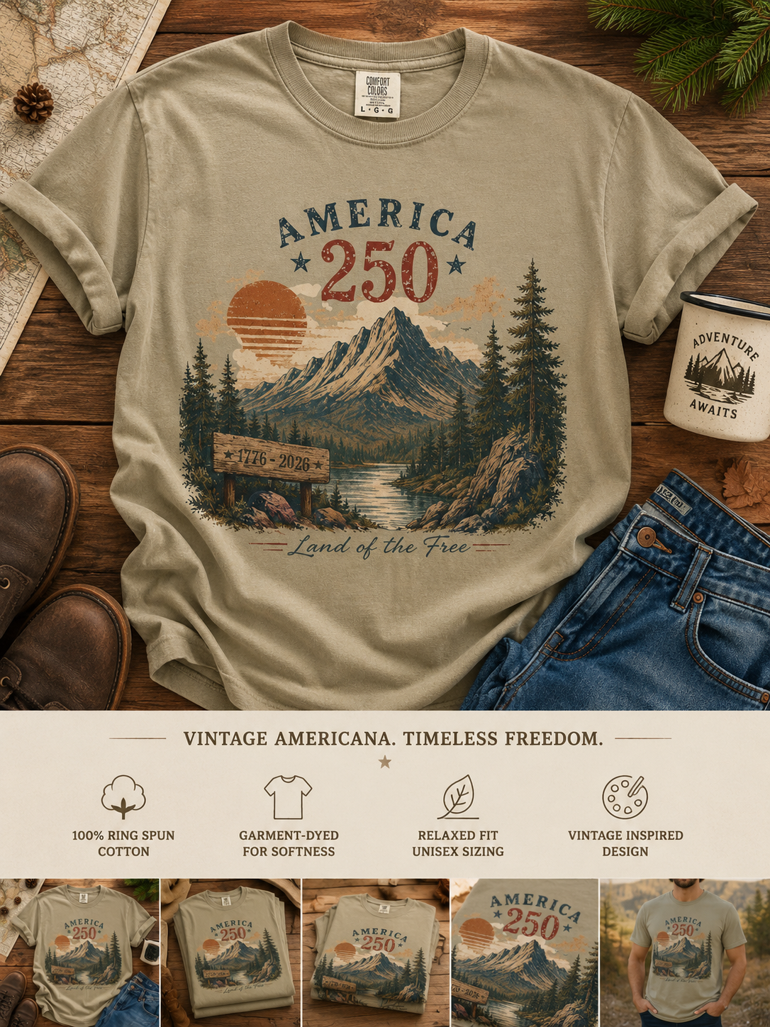 America 250 1776 - 2026 Mountain Landscape T-Shirt | Land of the Free, Vintage Outdoors