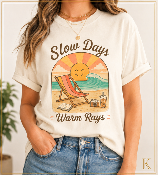 Slow Days Warm Rays T-shirt | Retro Beach Sun, Chair, Waves, Summer Vibes