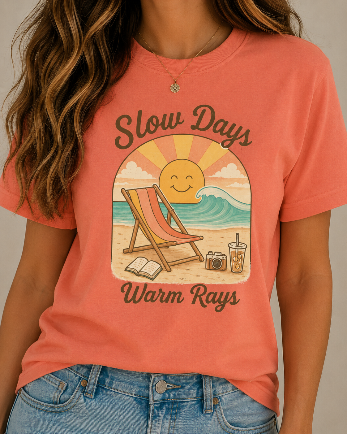 Slow Days Warm Rays T-shirt | Retro Beach Sun, Chair, Waves, Summer Vibes