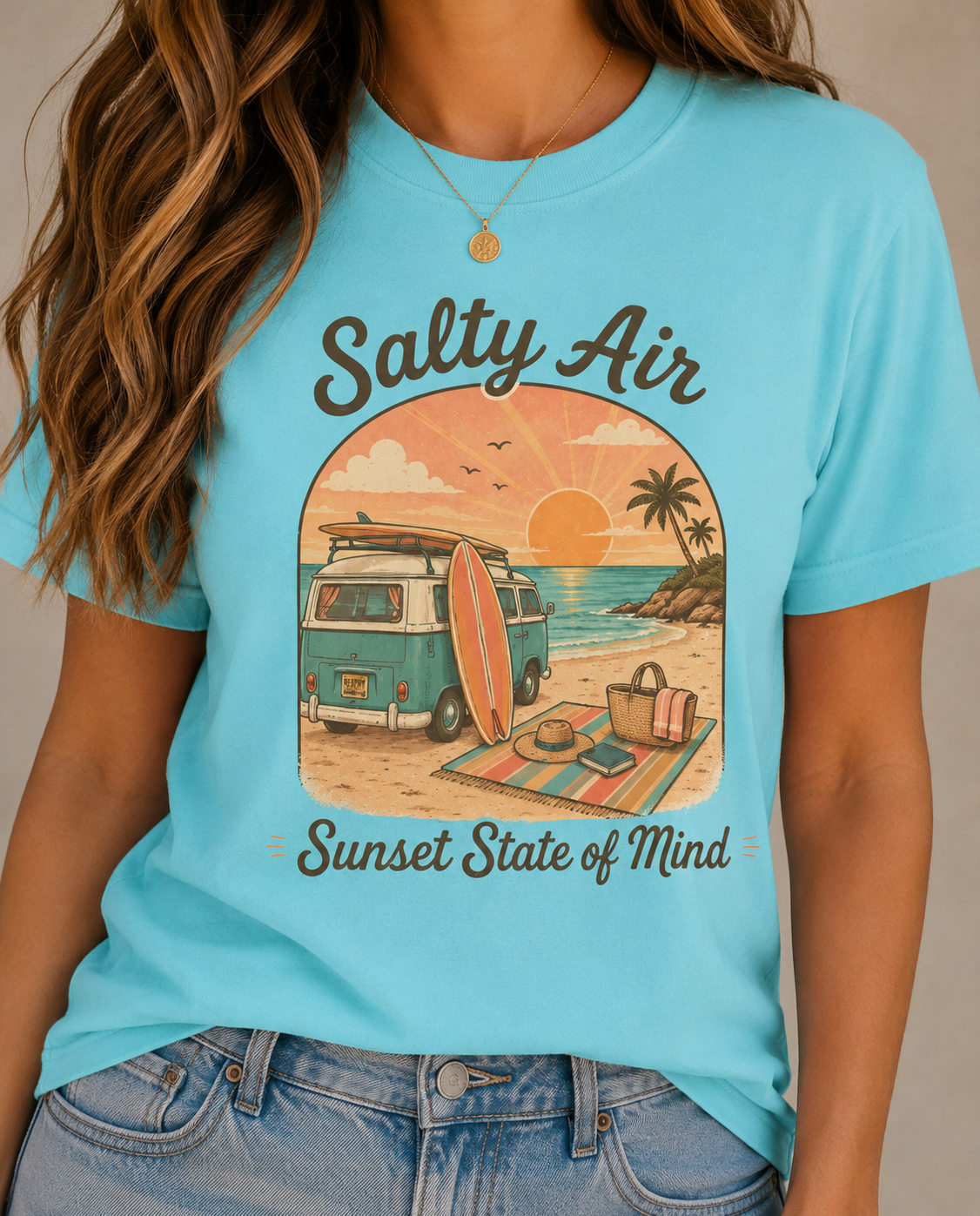 Salty Air Sunset State of Mind T-shirt | Vintage Surf Camper Beach Scene