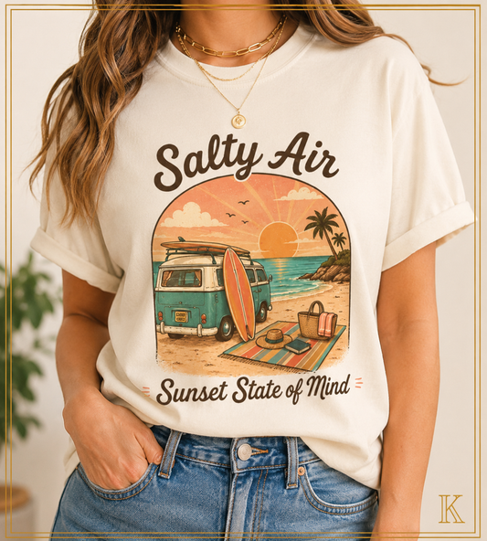 Salty Air Sunset State of Mind T-shirt | Vintage Surf Camper Beach Scene