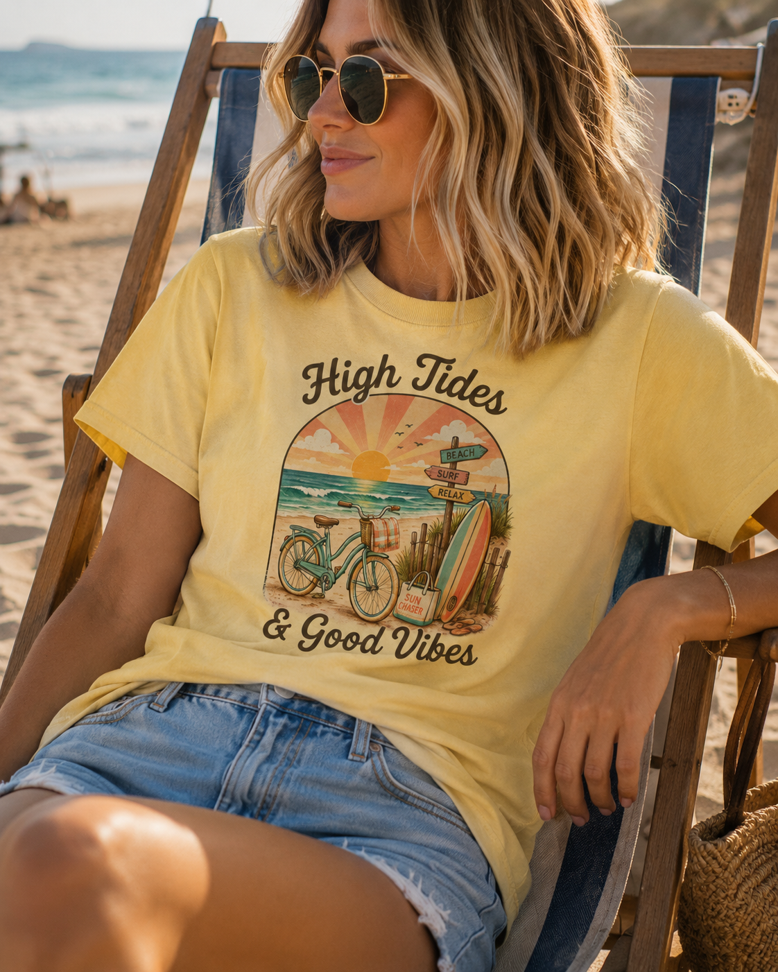 High Tides & Good Vibes T-shirt | Vintage Surf Bicycle Beach Sunset