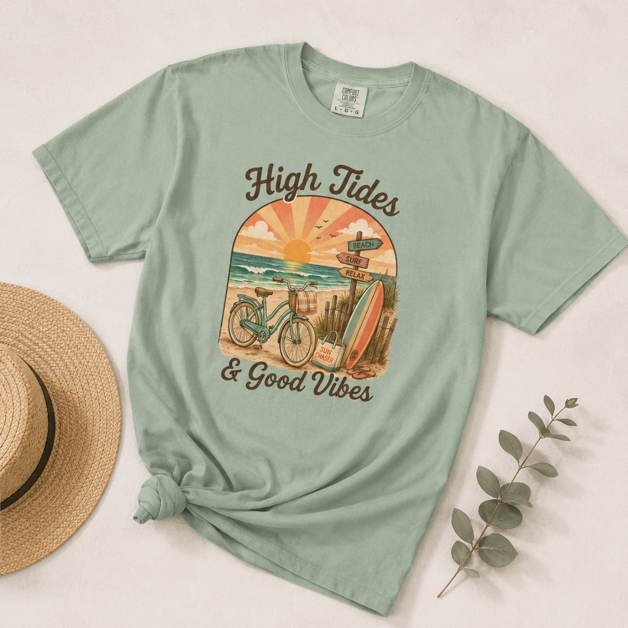 High Tides & Good Vibes T-shirt | Vintage Surf Bicycle Beach Sunset