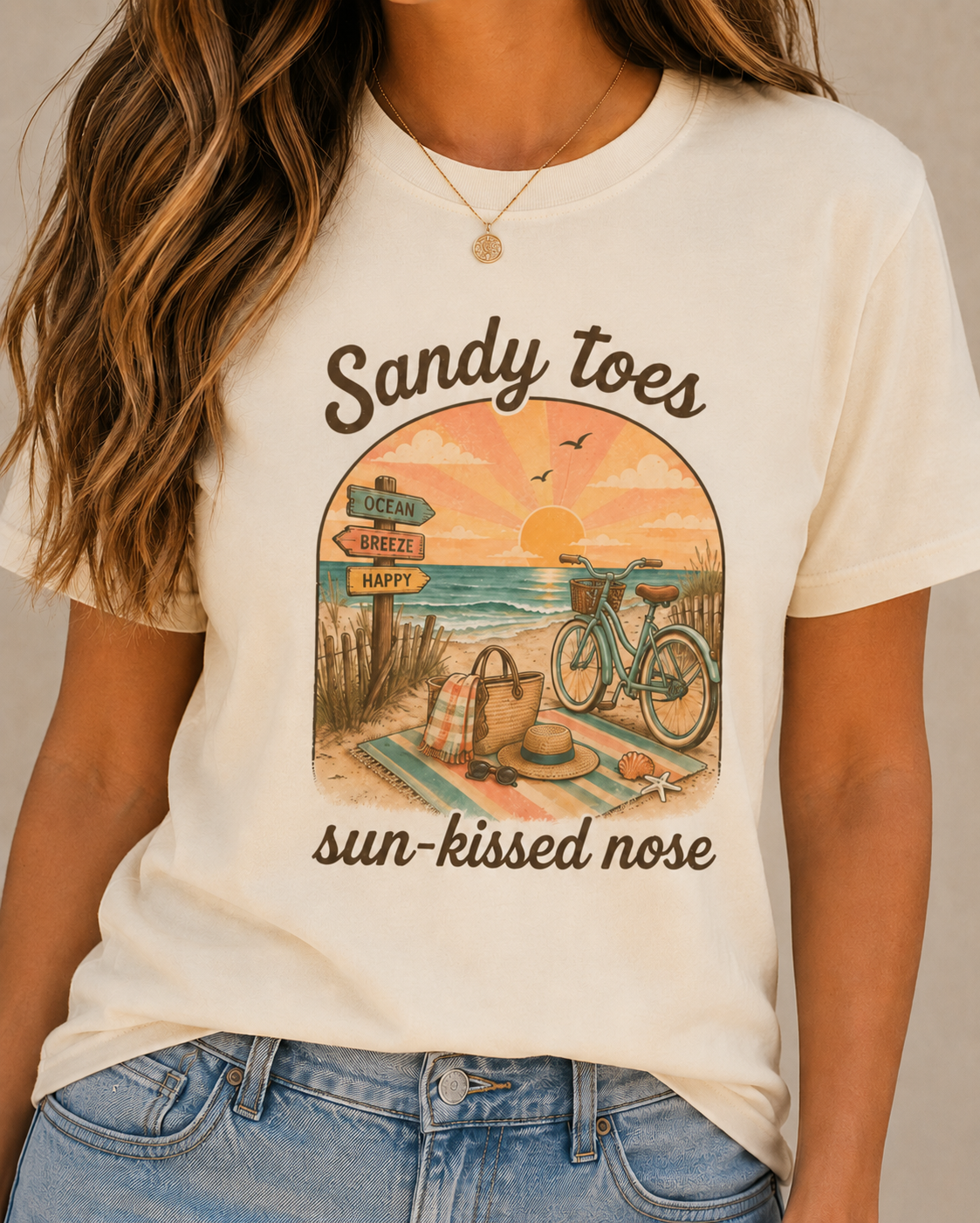 Sandy Toes Sun-Kissed Nose T-shirt | Beach Bike Sunset Scene