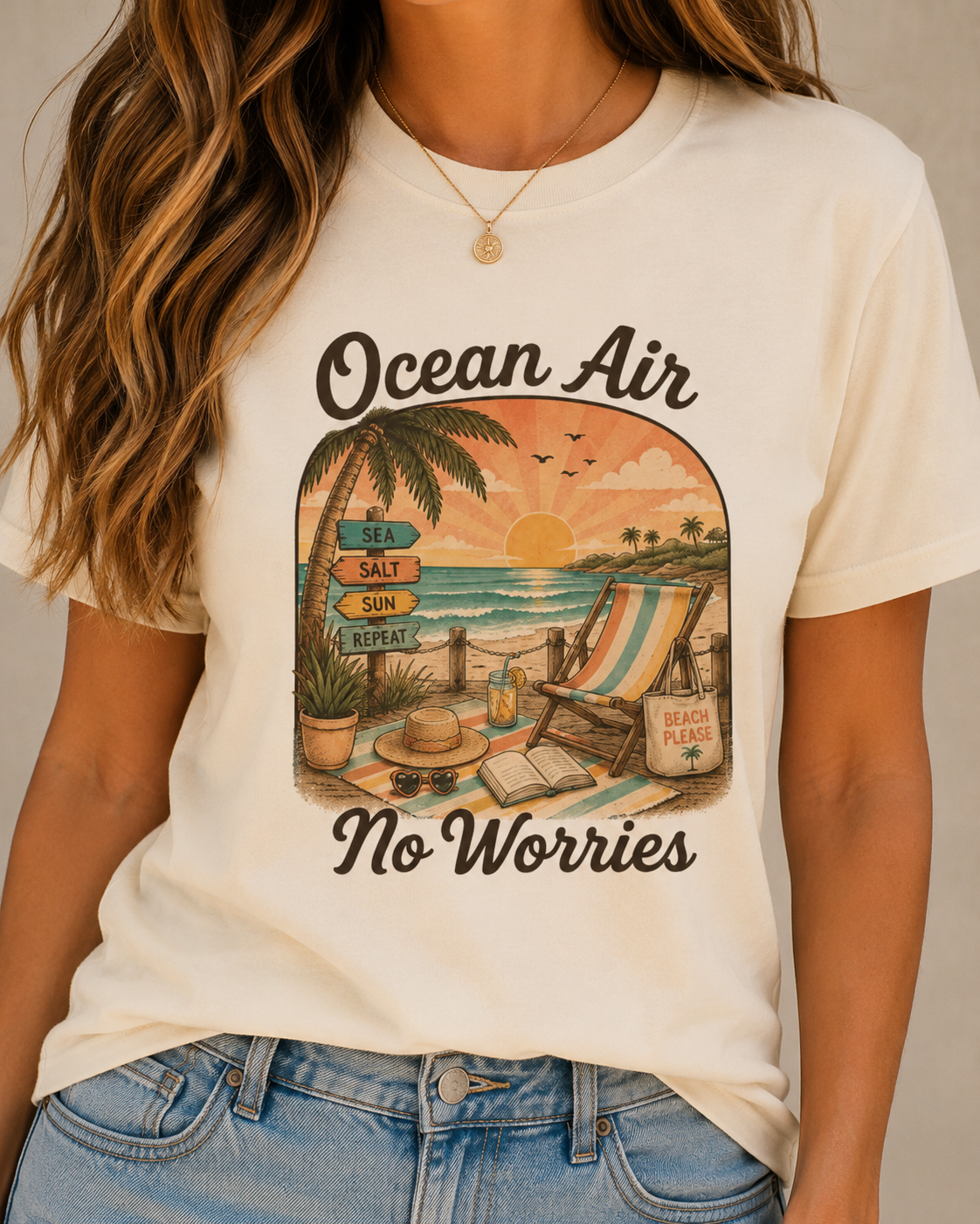 Ocean Air No Worries T-Shirt | Beach Sunset Surf Scene