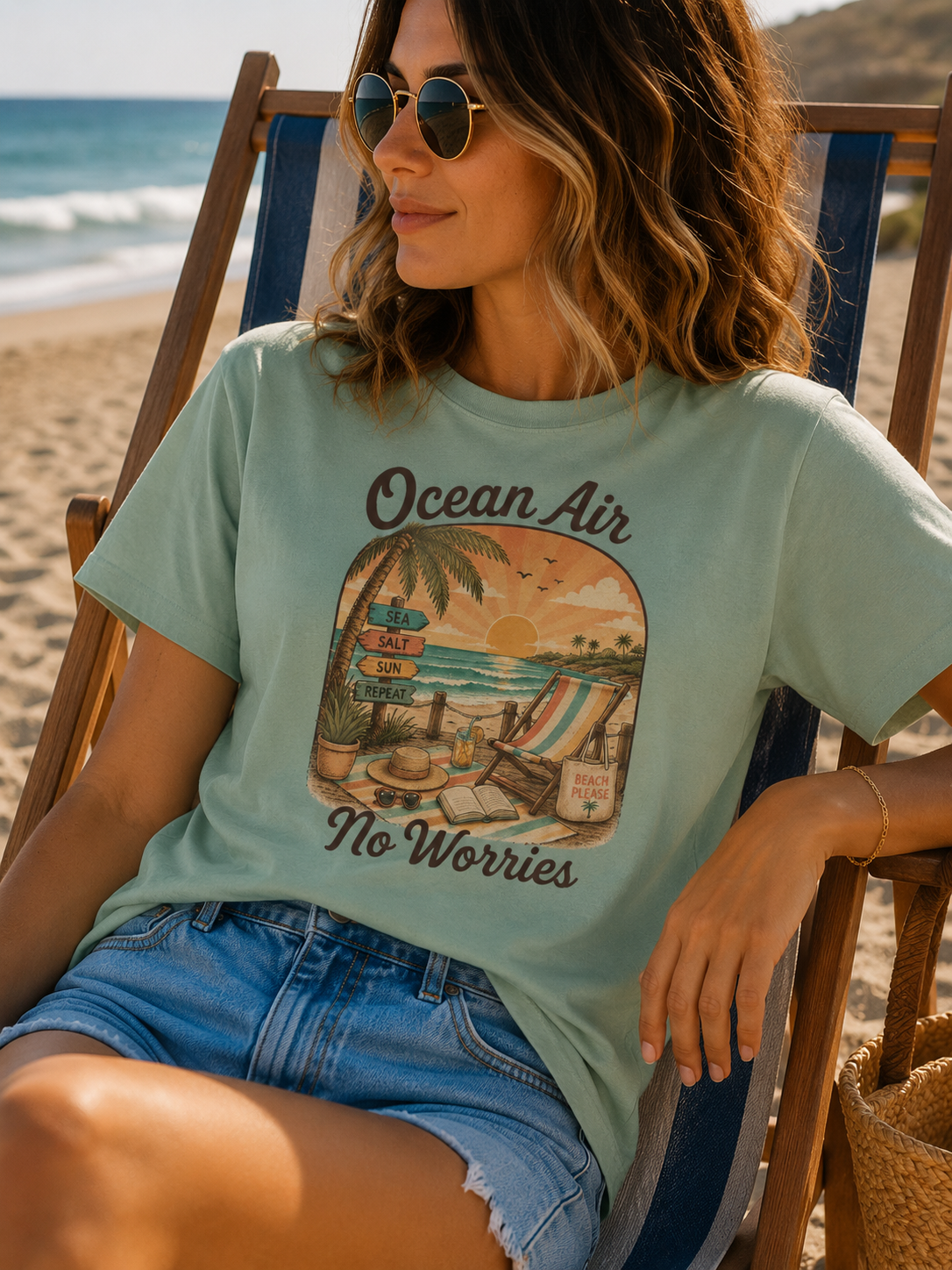 Ocean Air No Worries T-Shirt | Beach Sunset Surf Scene