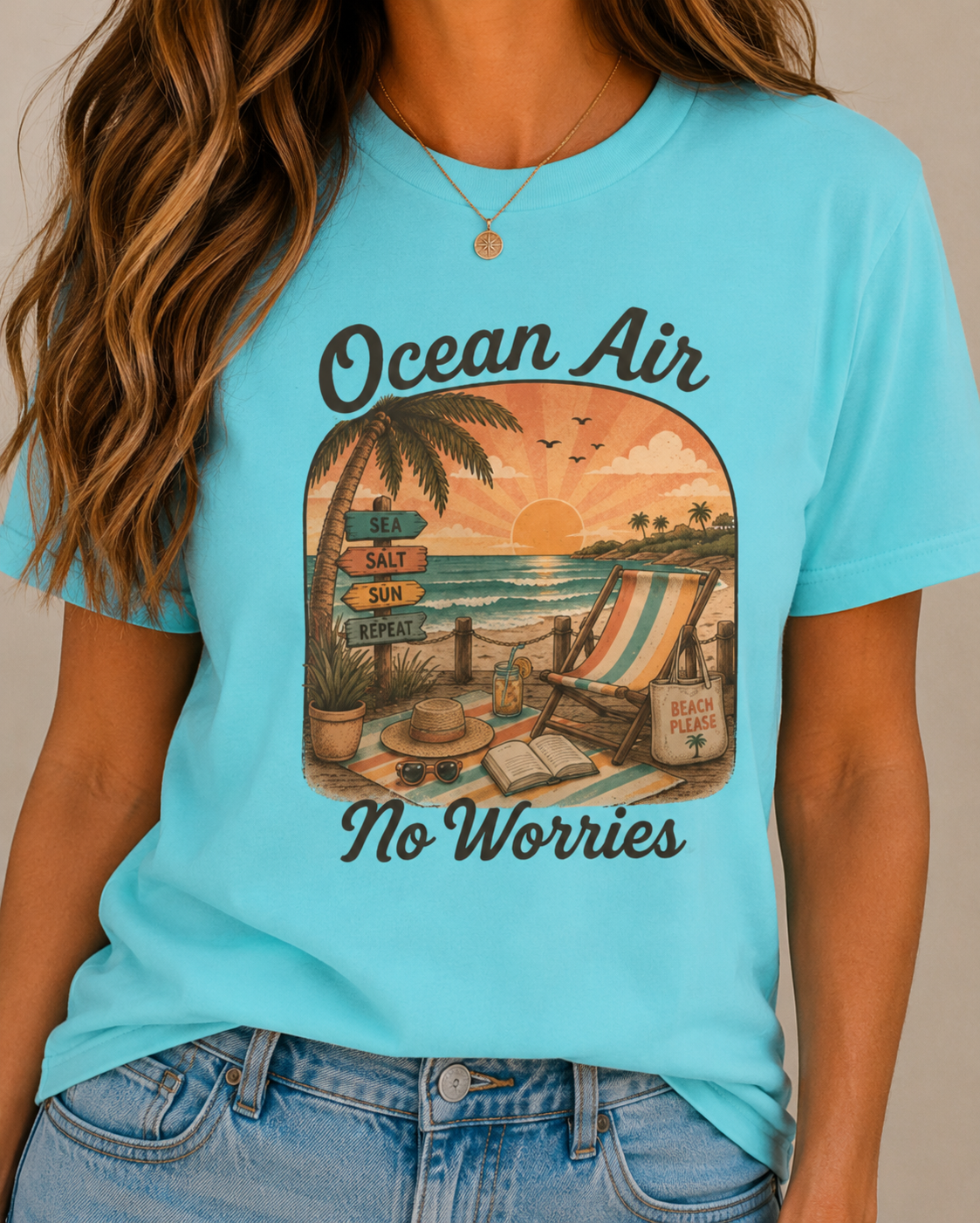 Ocean Air No Worries T-Shirt | Beach Sunset Surf Scene
