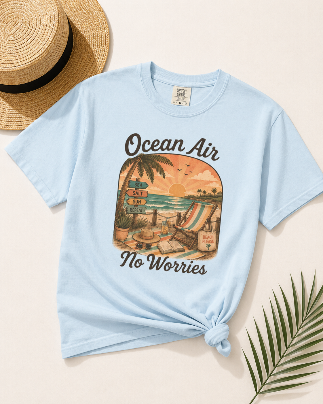 Ocean Air No Worries T-Shirt | Beach Sunset Surf Scene
