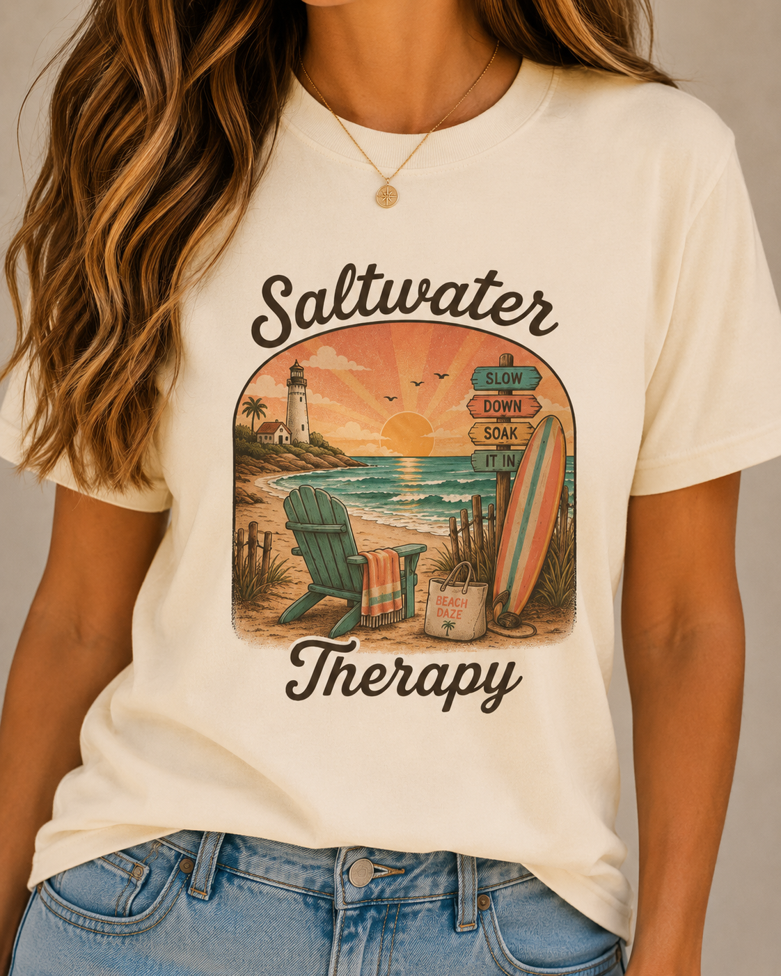 Saltwater Therapy Surf Scene T-shirt | Beach Sunset Lighthouse, Surfboard
