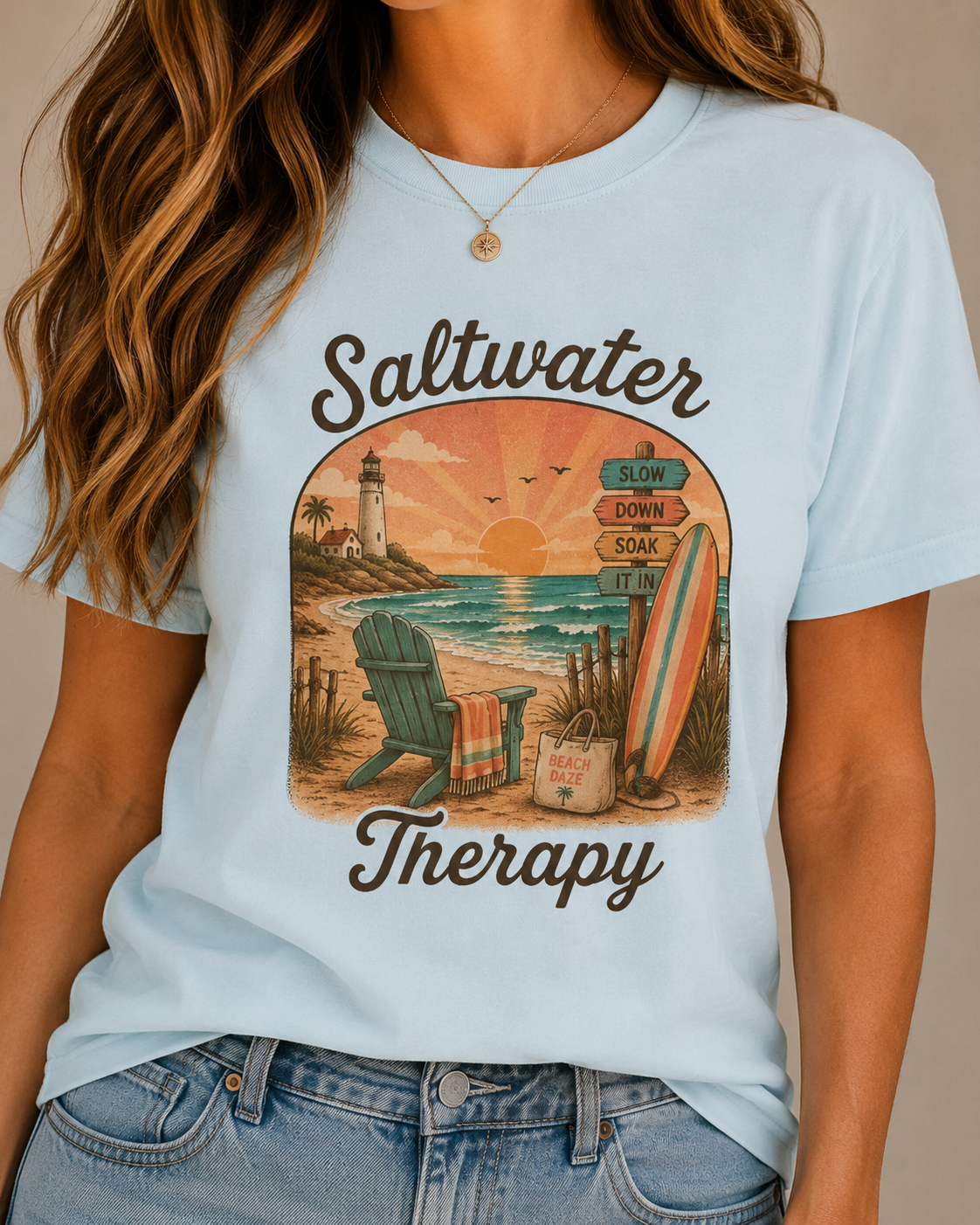 Saltwater Therapy Surf Scene T-shirt | Beach Sunset Lighthouse, Surfboard