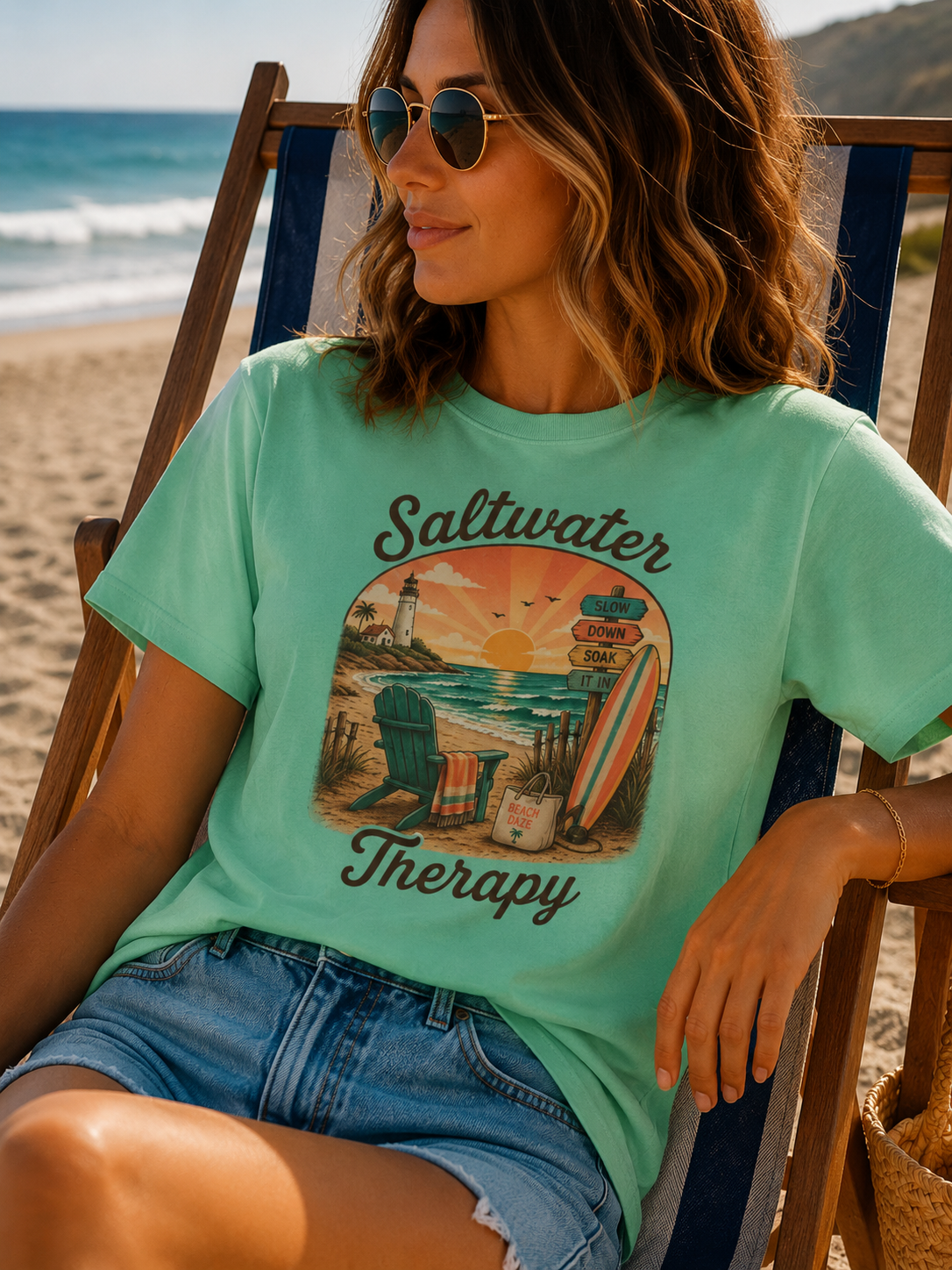 Saltwater Therapy Surf Scene T-shirt | Beach Sunset Lighthouse, Surfboard