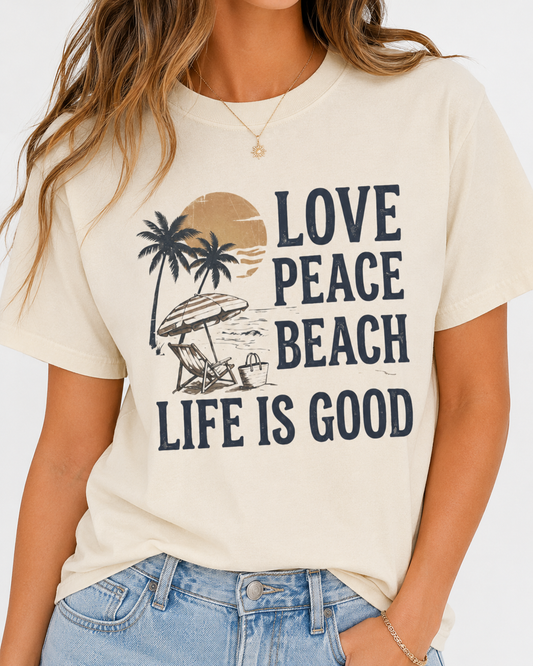 Life Is Good Beach T-Shirt "Love Peace Beach" Vintage Palm Graphic