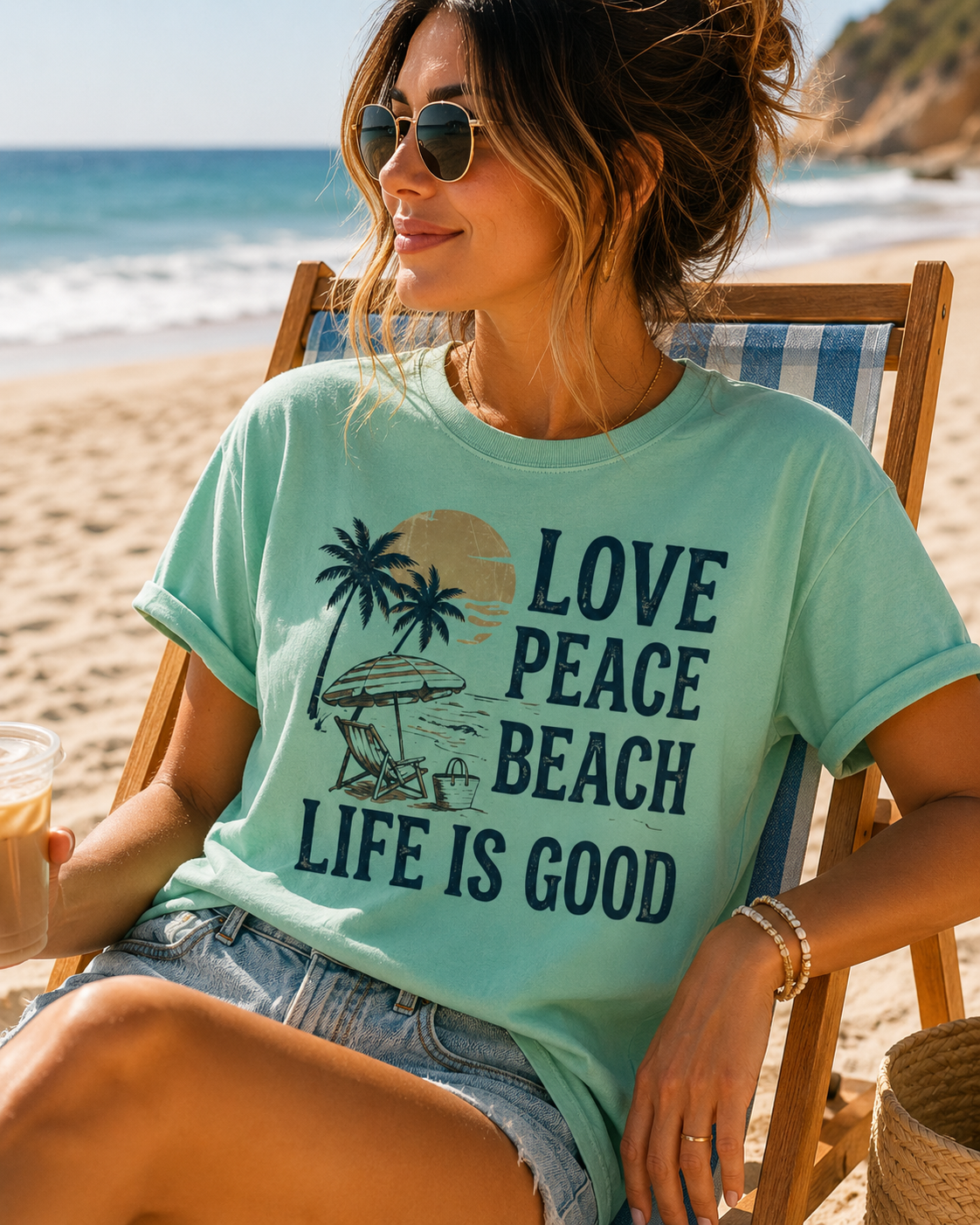 Life Is Good Beach T-Shirt "Love Peace Beach" Vintage Palm Graphic