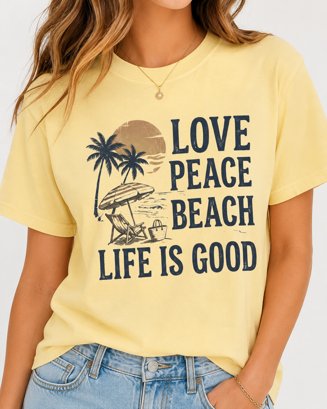 Life Is Good Beach T-Shirt "Love Peace Beach" Vintage Palm Graphic